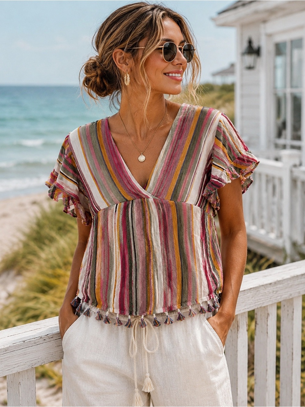 Kori America Boho Stripe Tassel Hem Flutter Sleeve Top Medium Coastal Resort